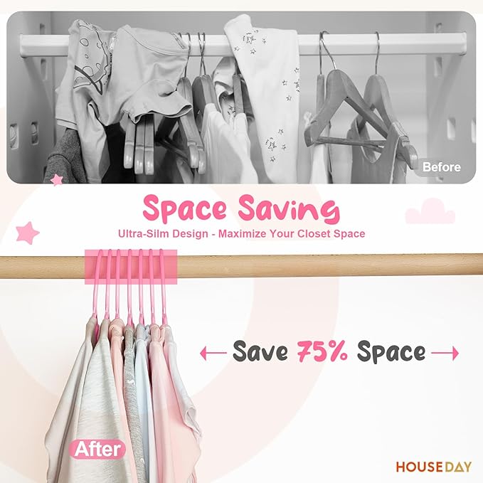 HOUSE DAY Premium Baby Hangers 20 Pack, 11 Inch Kids Plastic Hangers Pink, Slim Childrens Hangers for Infant, Toddler, and Child Clothes, Durable Baby Clothes Hangers for Closet
