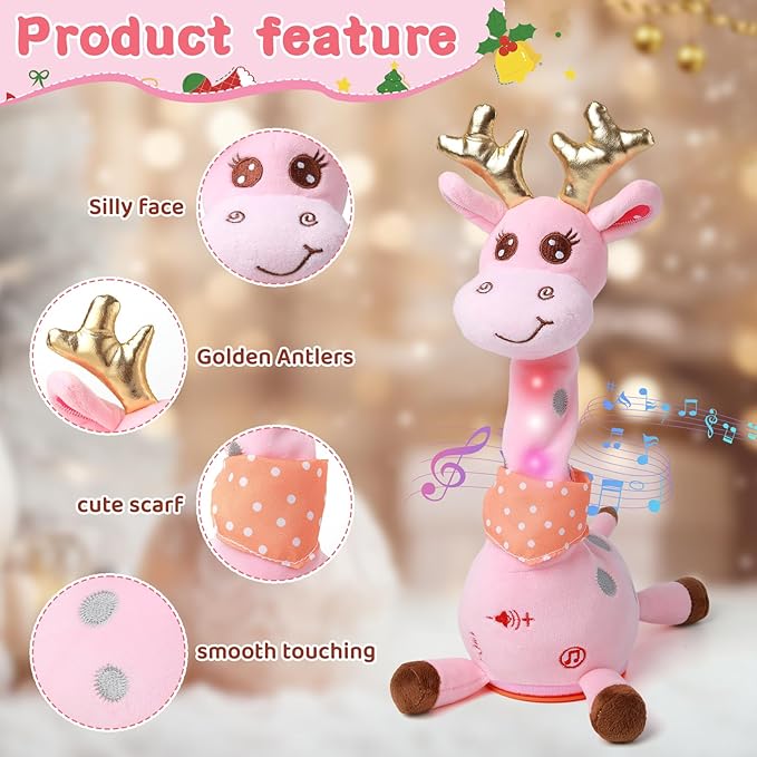 Dancing Talking Giraffe with Golden Antlers Toy, Stuffed Animal Baby Toy Repeating What You Say, Glowing Musical Electronic Giraffe with Golden Anlters Easter Gifts for Toddlers 1-3 Years Old (pink)