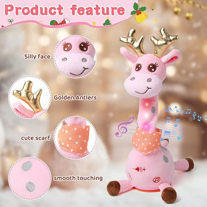 Dancing Talking Giraffe with Golden Antlers Toy, Stuffed Animal Baby Toy Repeating What You Say, Glowing Musical Electronic Giraffe with Golden Anlters Easter Gifts for Toddlers 1-3 Years Old (pink)