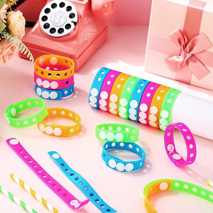 60 Pcs Silicone Kids Bracelets Neon Wristband 8 Inch Adjustable Rubber Charm Wristband with Holes for Shoe Charm Birthday Party Gifts School DIY Craft Goodie Bag Stuffer, 4 Colors