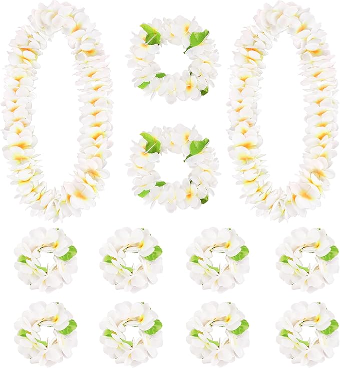 HOBBY HORSE 12 Pieces Hawaiian Luau Flower Leis Halloween Decor Leis White Necklaces Bracelets Headband Anklets Set Tropical Party Favor for Halloween Cosplay Beach Wedding Birthday Party Supplies