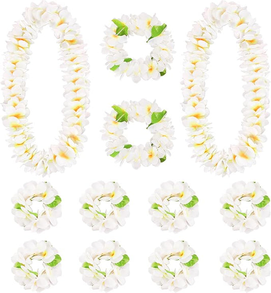 HOBBY HORSE 12 Pieces Hawaiian Luau Flower Leis Halloween Decor Leis White Necklaces Bracelets Headband Anklets Set Tropical Party Favor for Halloween Cosplay Beach Wedding Birthday Party Supplies