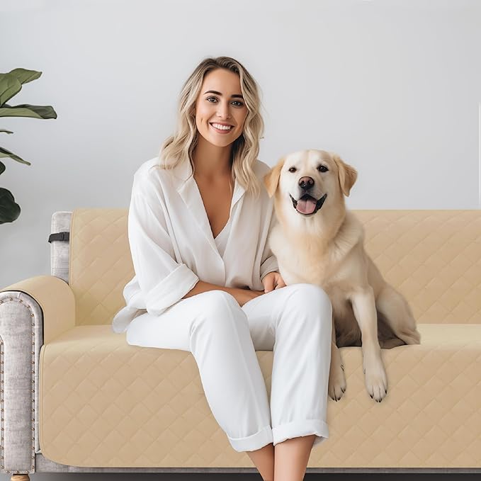 CHUN YI Water Resistant Couch Cover, Sofa Slipcover for 3 Cushion Sofa, Washable Sofa Cover with Adjustable Strap Storage Pocket for Living Room Dog Pet (Sofa, Sand)