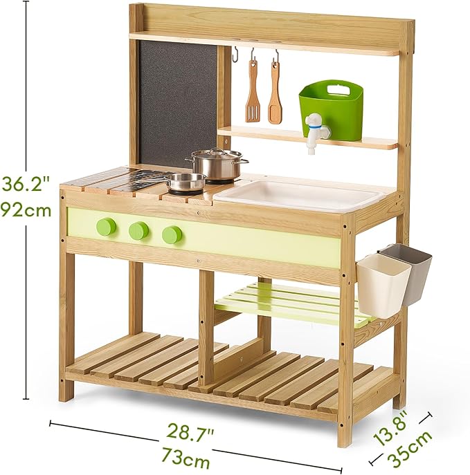 Giant bean Mud Kitchen Playset for Kids, Deluxe Wooden Toy Play Kitchen Set for Boys and Girls Ages 3-8 Indoor & Outdoor Activities, with Sand and Water Sink, Cookware Pots