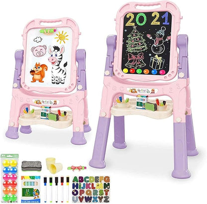 Art Easel for Kids, Adjustable Standing Rotatable Double Sided Easel with Painting Accessories for Toddlers Boys and Girls-Pink