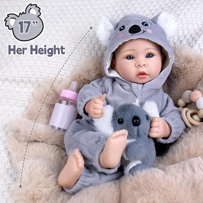 Aori Baby Dolls 17 inches, Real Life Baby Doll with Feeding Kit Included, Life Like Baby Dolls that Look Real, Newborn Baby for Kids, Birthday, Pretend Play