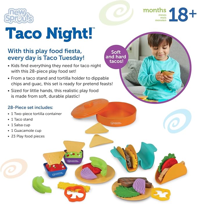 Learning Resources New Sprouts Taco Night! 28 Pieces - Play Food for Kids Ages 18+ Months, Grocery Store Pretend Play Toys, Play Kitchen Accessories