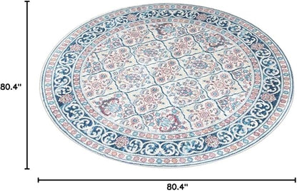 SAFAVIEH Brentwood Collection 6'7" Round Beige / Navy BNT870B Oriental Damask Trellis Non-Shedding Dining Room Entryway Foyer Living Room Bedroom Area Rug
