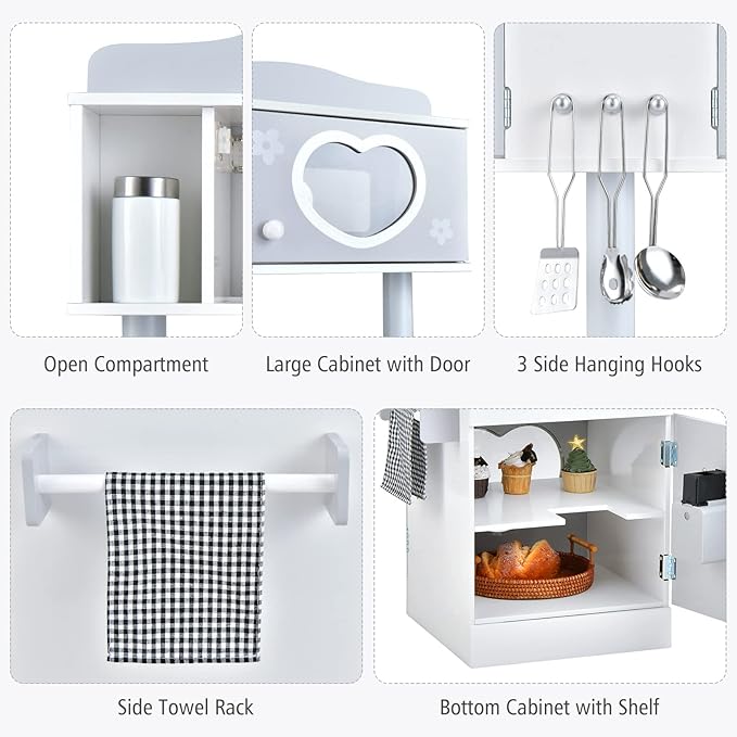 Costzon Kids Kitchen Playset, Double-Sided Wooden Play Kitchen Toy Set w/Realistic Sound, Oven, Ice Cube Dispenser, Utensils, Sink, Large Storage Space, Pretend Chef Cooking Set for Toddlers