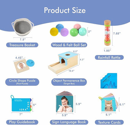 Montessori Toys for Babies 7-8 Months, Wooden Montessori Toys, Includes Object Permanence Box, Balls, Rainmaker, Peek-a-Zoo Puzzle, Texture Cards, First Signs, Play Guide, Treasures Basket