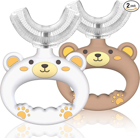 Toddler U Shape Toothbrushes for Baby Age 1 2 3 4 5, 360° Oral Teeth Cleaning Design with Food Grade Soft Silicone Brush (White&Brown)