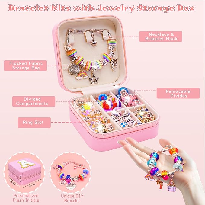 SUREHOME Charm Bracelet Making Kit Girls Christmas Gifts Unicorn Toy Jewelry Making Kit 8-12 Personalized Gifts for Ages 6 7 8 9 10 11 Year Old Girls Birthday Stuff Art Craft Supplies - Initial Box S