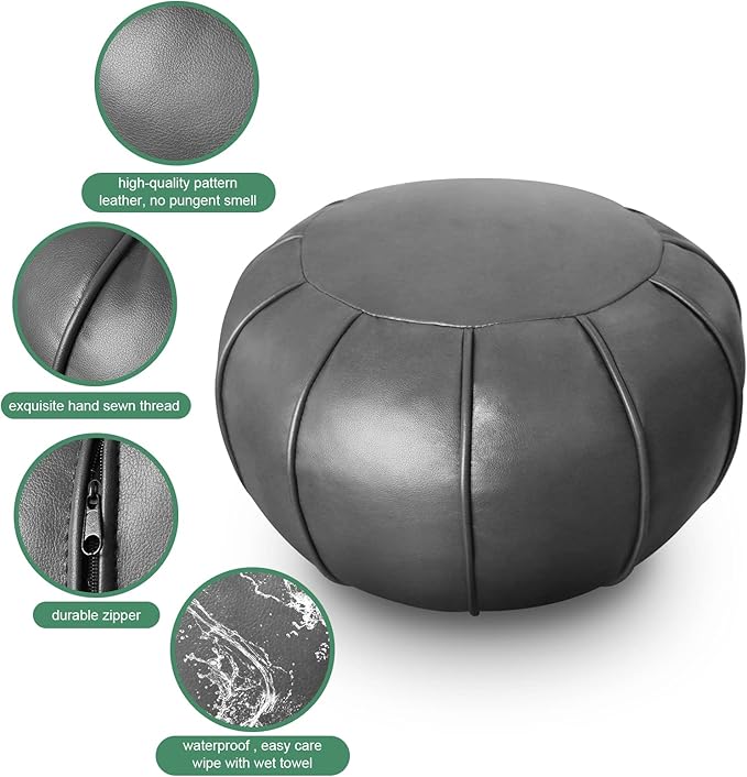 Louis Donné Unstuffed Pouf Ottoman,Faux Leather Ottoman Pouf Cover, Supersoft Handmade Moroccan Decor, Storage Solution, Foot Rest, Footstool, Pouffe for Balcony Office Indoor 21dia Grey