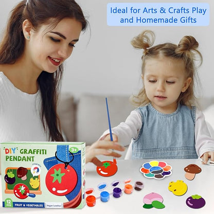 Magnetic Mini Tile Art-DIY Craft Kits for Kids,Fridge magnet painting kit for kids Ages 4-8,Soft Leather Fridge Magnets Craft Paint Set Fruit & Vegetables,Party Favors for Kids 8-12