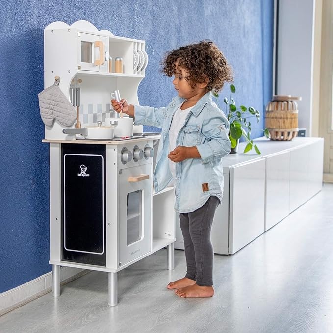 New Classic Toys Wooden Pretend Toy Kitchen for Kids with Role Play Bon Appetit Electric Cooking Included Accesoires Makes Sound, Modern White