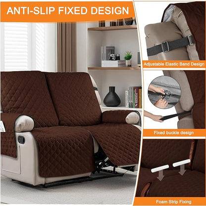 Waterproof Recliner Loveseat Sofa Cover with Pocket, 1-Piece Reversible Couch Cover for 2 Seat Recliner, Protector with Elastic Straps for Pets, Kids (Recliner Loveseat, Dark Coffee)