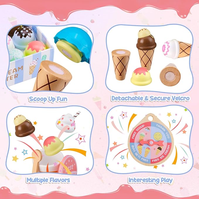 Ehome Wooden Ice Cream Toys Set Pretend Play Food Store for Kids Serve Ice Cream Counter Shop Kitchen Playset with Lucky Wheel, Scoop, Menu, Fake Money for Boys and Girls Ages 3 4 5 6