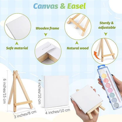 Aodaer 48 Pieces Valentine's Day Gift Mini Watercolor Paint Set Include 12 Set Colors Watercolor Paints Strip Palette Wooden Canvas Easels Canvas Tote Bags Aprons for Art Beginner Painting Supplies