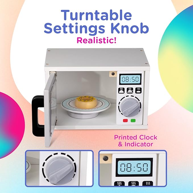 Play Brainy Pretend Toy Microwave for Kids with Rotating Turnable, 11 Pc. Set, Fun and Interactive Wooden Early Learning Kitchen Accessories Playset for Girls and Boys 3+