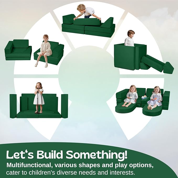 MeMoreCool 10-Piece Modular Kids Play Couch, Convertible Foam Climbing Sofa for Playroom & Reading Corner, Forest Green Kids Furniture Set