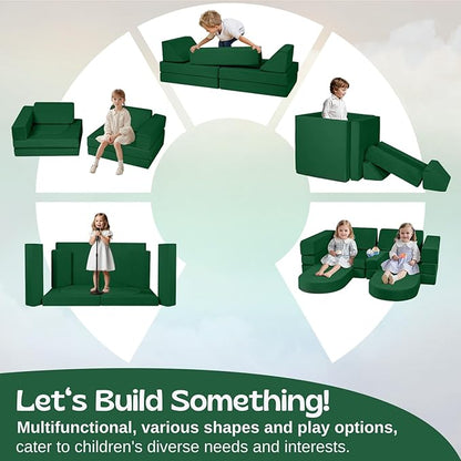 MeMoreCool 10-Piece Modular Kids Play Couch, Convertible Foam Climbing Sofa for Playroom & Reading Corner, Forest Green Kids Furniture Set