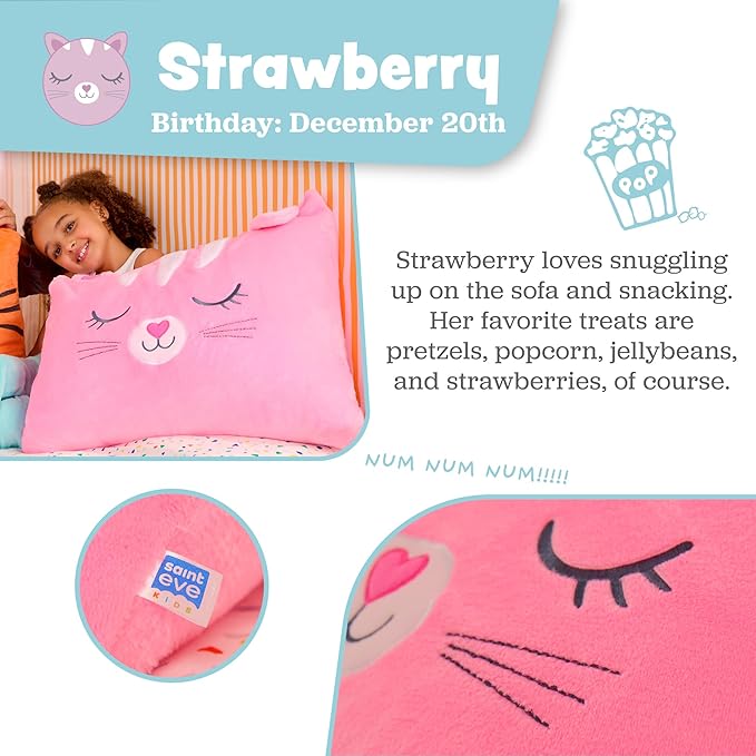Saint Eve Kids Pillow Pals - Cute & Super Soft Animal Friends Decorative Fluffy Pillow Covers for Girls and Boys & Toddlers Beds, Playroom and Nap Time, Sensory Toys for Kids, Strawberry the Cat
