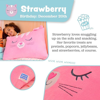 Saint Eve Kids Pillow Pals - Cute & Super Soft Animal Friends Decorative Fluffy Pillow Covers for Girls and Boys & Toddlers Beds, Playroom and Nap Time, Sensory Toys for Kids, Strawberry the Cat