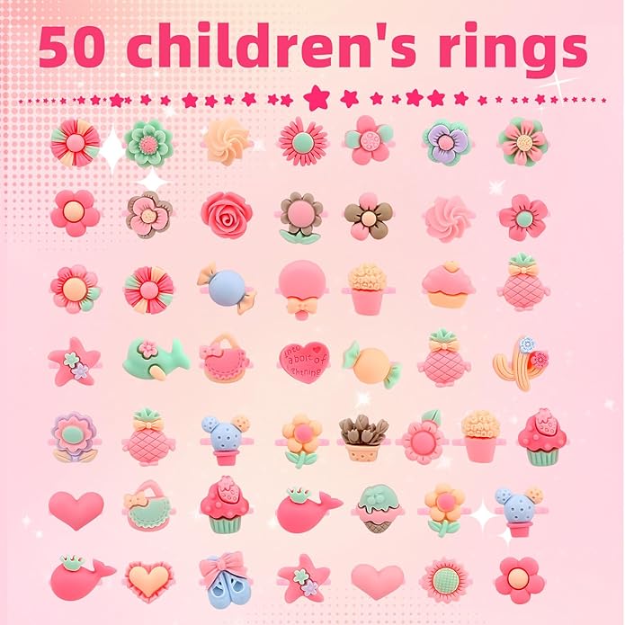 Little Girl Jewel Rings, Adjustable Pink Rings Girls Kids Pretend Play and Dress up Jewelry Set, Cute Rings with Display Case Party Favors Toys Gifts