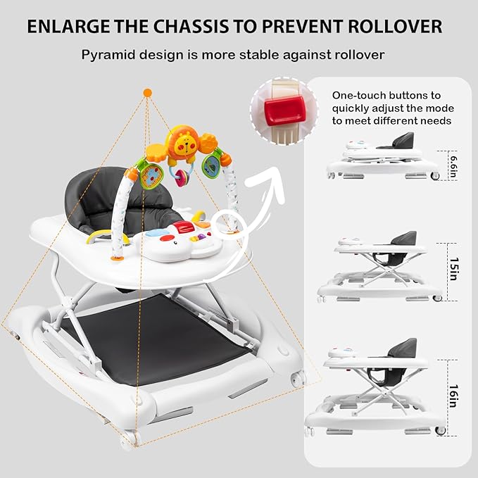 Boyro Baby 5-in-1 Baby Walker, Baby Walkers for Boys Girls 6-18 Months, Foldable Activity Walker, Toddler Infant Walker with Bouncer, Adjustable Height, Removable Footrest, Feeding Tray, Music