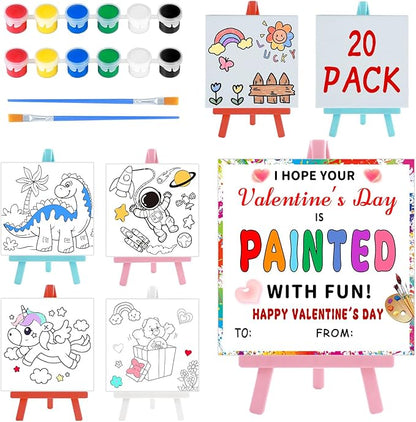 Valentines Day Gifts for Kids - Valentines Day Cards for Kids School - 20 Pack Watercolor Paint Set, Acrylic Paint Canvas Brushes Easel, Stationery Exchange for Boys Girls Class Classroom Party Favor