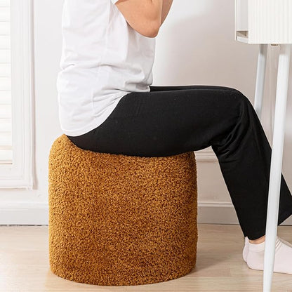 Round Ottoman Soft Chair 14.6x14.6x18 Inches Boucle Ottoman Multifunctional Vanity Chairs for Makeup Fluffy Fur Ottoman Stool Pouf Footrest Stool for Living Room Bedroom (Coffee)
