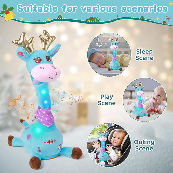Dancing Talking Giraffe with Golden Antlers Toy, Stuffed Animal Baby Toy Repeating What You Say, Musical Toy with Golden Anlters Easter Gifts for Toddlers 1-3 Years Old (Blue Giraffe Antlers)