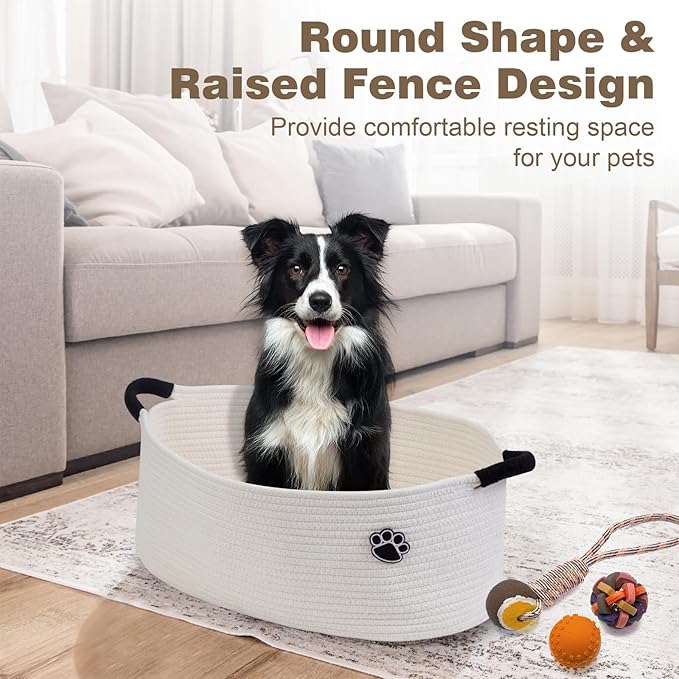 Optish Dog Toy Basket, Toy Box and Bin for Dog Cat Storage, 19.7" X 11" X 7.9" (30L) Large Woven Basket for Blanket Storage, Rope Baskets for Living Room, Bedroom, White
