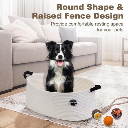 Optish Dog Toy Basket, Toy Box and Bin for Dog Cat Storage, 19.7" X 11" X 7.9" (30L) Large Woven Basket for Blanket Storage, Rope Baskets for Living Room, Bedroom, White