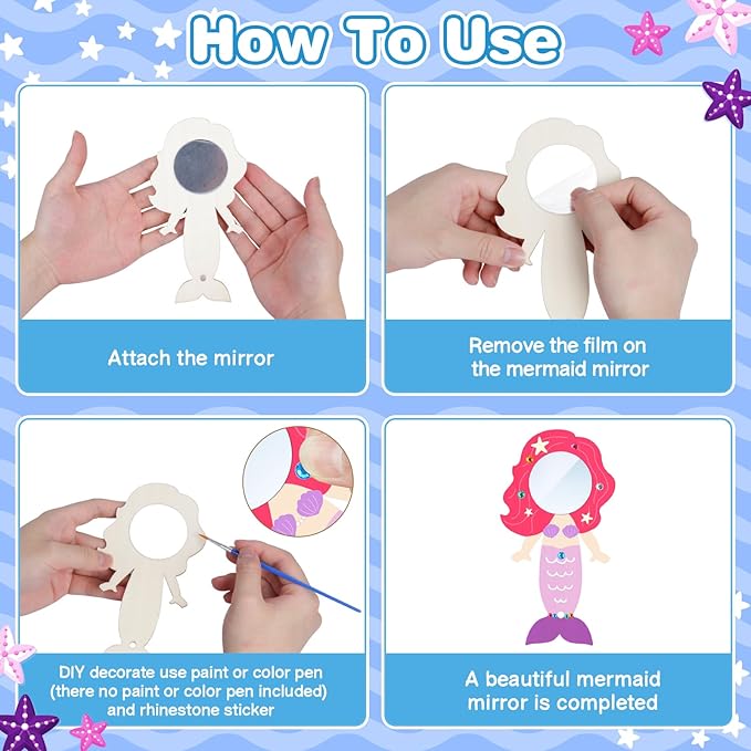 Fennoral 12 Pack Wooden Mirror Craft for Kids Make You Own Mermaid Mirror DIY to Paint Wooden Arts and Crafts for Grils Hand Mirror for Art Activities Project Birthday Gifts