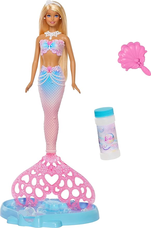 Barbie Bubble Sparkle Mermaid Doll with Bubble-Making Feature & Solution, Tray & Hairbrush, Plus Long, Color-Streaked Blonde Hair