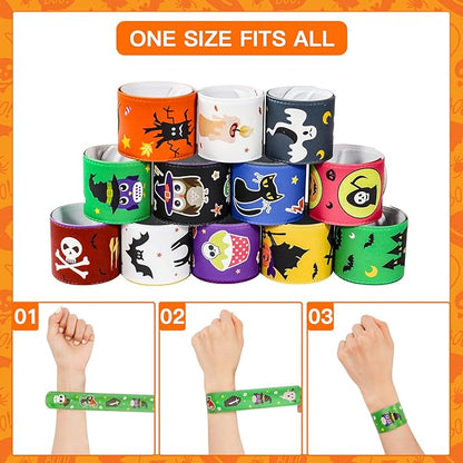 MGparty 72PCS Halloween Slap Bracelets 24 Halloween Theme Designs Spider Pumpkin Ghost Zombie Bat Witches Snap Bracelet for Kids Party Favors Toys Prizes Pinata Goodie Bags Fillers
