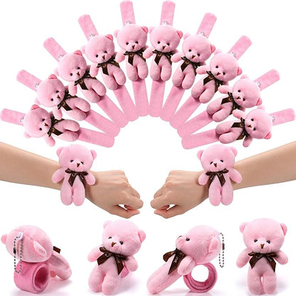 Ceenna 16 Pcs Valentine's Day Stuffed Bear Animal Slap Bracelets Plush Bear Slap Bracelets 8.66 Inch Pink Adorable Bear Slap Wrist Bracelet Bulk for Birthday Party Gifts Favors Goodie Bag Fillers