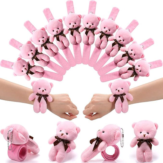 Ceenna 16 Pcs Valentine's Day Stuffed Bear Animal Slap Bracelets Plush Bear Slap Bracelets 8.66 Inch Pink Adorable Bear Slap Wrist Bracelet Bulk for Birthday Party Gifts Favors Goodie Bag Fillers