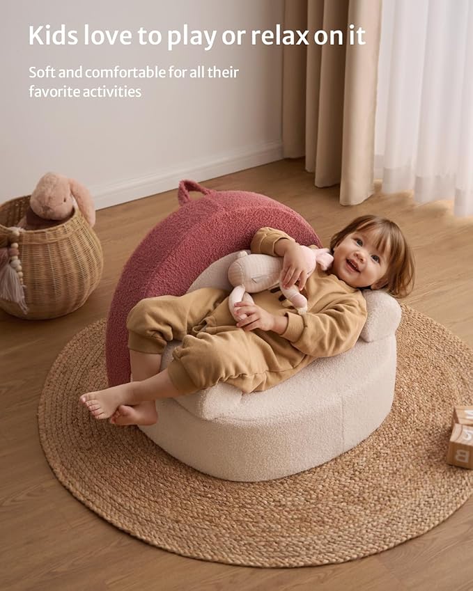 Blissful Diary Toddler Chair Comfy, Foam Kids Chair with Soft Teddy Plush, Toddler Reading Armchair with Cute Rainbow Designs- Light Cream