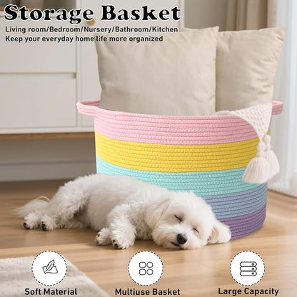 65L Extra Large Woven Cotton Rope Blanket Basket with Handles, Laundry Hamper Storage Bin for Pillows, Comforters,Clothes, Toys, Nursery, Bedroom and Living Room Organization,Colorful