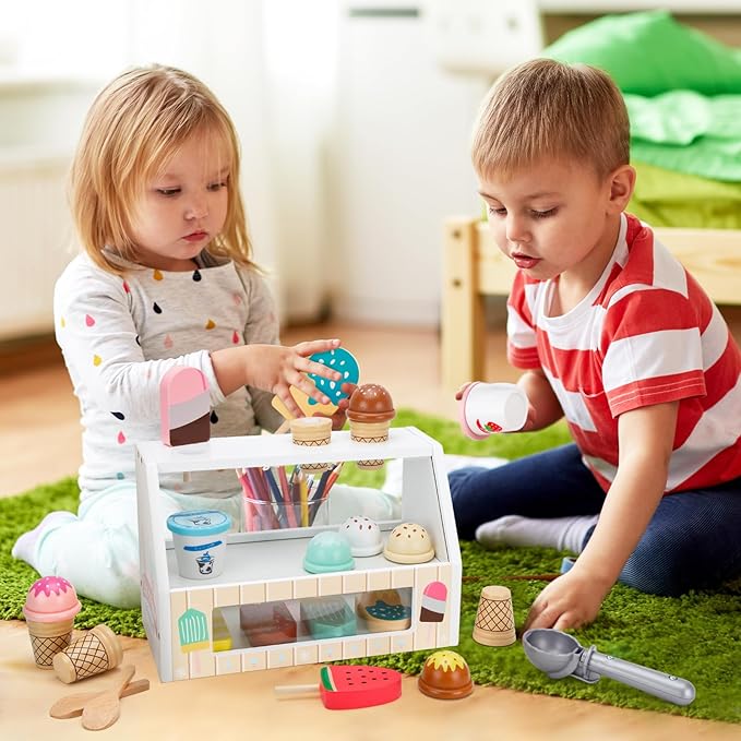 Wooden Ice Cream Toys for Kids Ice Cream Counter Shop for Toddlers Pretend Play Food Scoop and Serve with Scoop & Menu & Fake Money for Boys and Girls Ages 3 4 5 6.