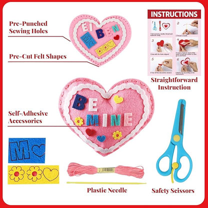 16 Sets Valentine's Day DIY Stuffed Craft Kit Heart Sewing Kit Valentines Day DIY Sewing Set for Beginners Heart Educational Gift Set for Boys and Girls Valentines Felt Ornaments Decoration for kids