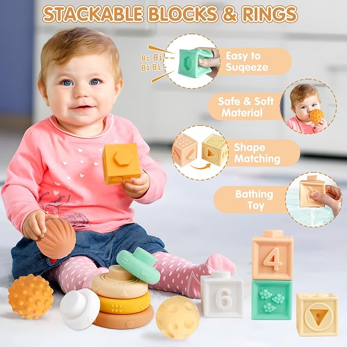 Wuzhineisn Baby Toys 6-12 Months Montessori Toys 6 in 1 Musical Instruments for Toddler, Stacking Blocks Development Learning Educational Toy with Wooden Xylophone Infant Baby Birthday Easter Gift