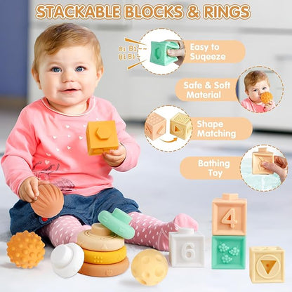 Wuzhineisn Baby Toys 6-12 Months Montessori Toys 6 in 1 Musical Instruments for Toddler, Stacking Blocks Development Learning Educational Toy with Wooden Xylophone Infant Baby Birthday Easter Gift