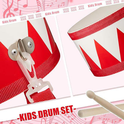 Kids Drum Set 7.87 in Wooden Toy Drum with Adjustable Strap 2 Drumsticks Educational Sensory Musical Instrument Set for Toddlers Kids Baby Toy Gift(Red Triangle Style)