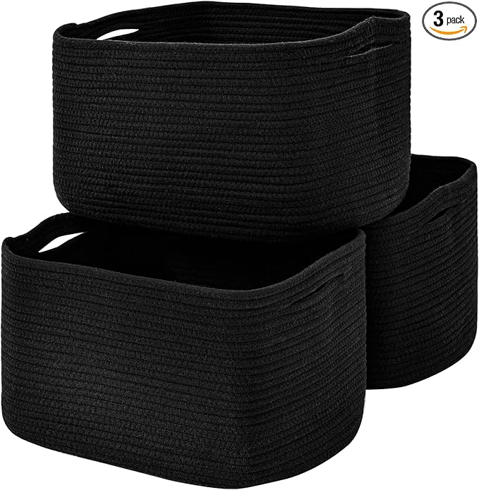 ICERZCZ Large Storage Baskets for Organizing Shelves, Woven Cotton Rope Bins for Baby Nursery Organization, Book Toy Towel Organizer, 17"x13"x9.5", 3 Packs, Black