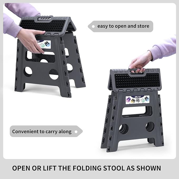 Delxo Folding Step Stool 13 inch Height Heavy Duty Foldable Step Stools for Adults and Kids,Kitchen Small Collapsible Fold Up Stepping Stool 1 Pack in Grey Dotted Texture