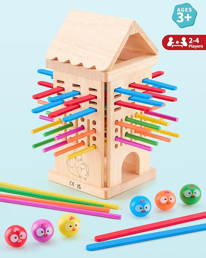 Montessori Toys Wooden Board Games for 3 4 5 6 Years Old, 34 Colorful Wooden Sticks Fine Motor Skills Toy for Kids 4-6, Math&Counting Learning Toy Family Games for Girls Boys 3 Year Olds Gift Ideas