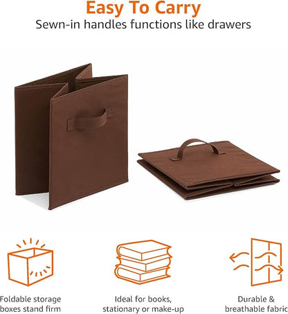 Amazon Basics Collapsible Fabric Storage Bins with Handles, Cube Organizer, Lightweight Fabric, 10.5"x10.5"x11", Brown, 6-Pack